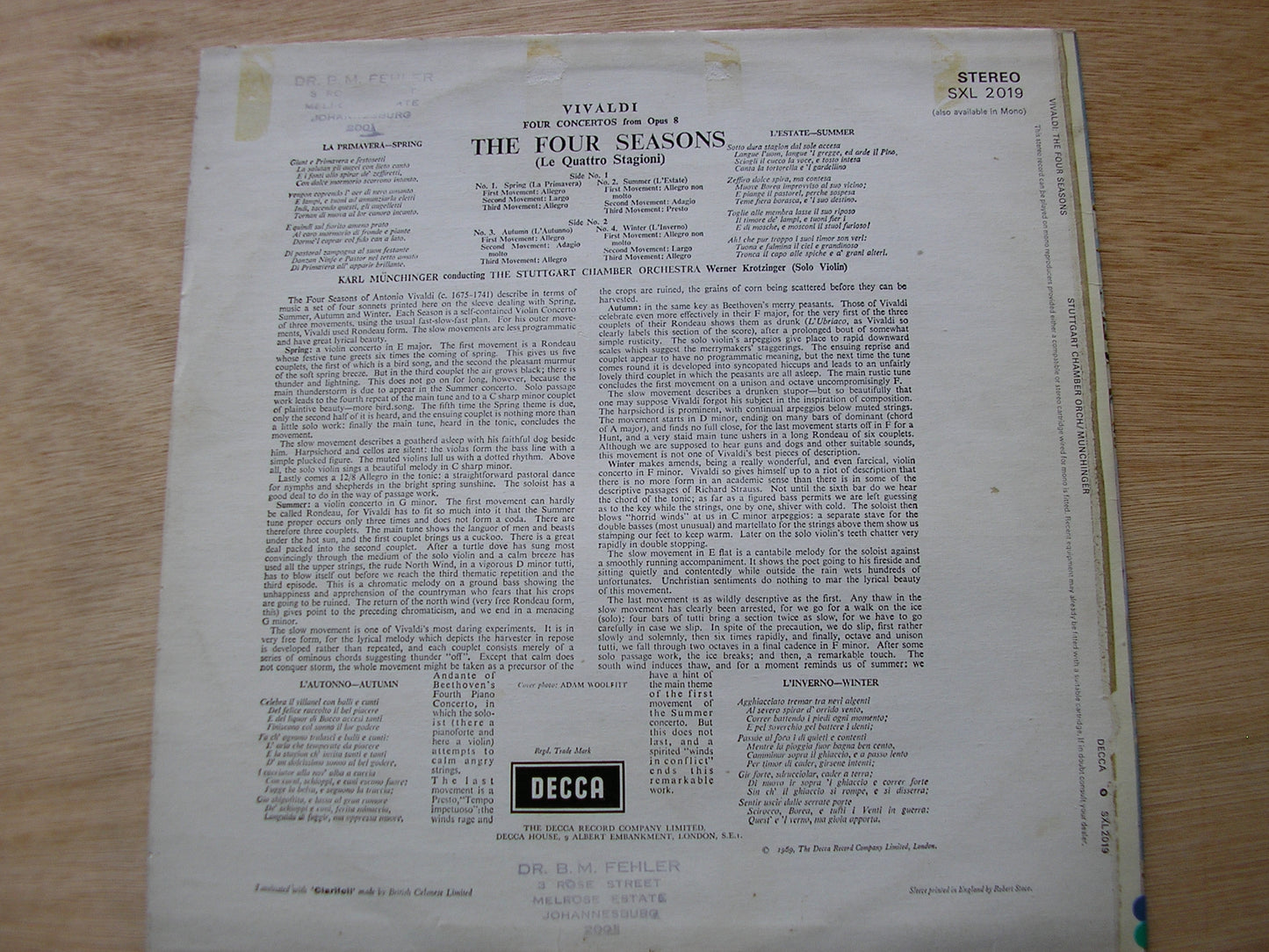 VIVALDI: THE FOUR SEASONS STUTTGART CHAMBER ORCHESTRA / KARL MUNCHINGER SXL 2019