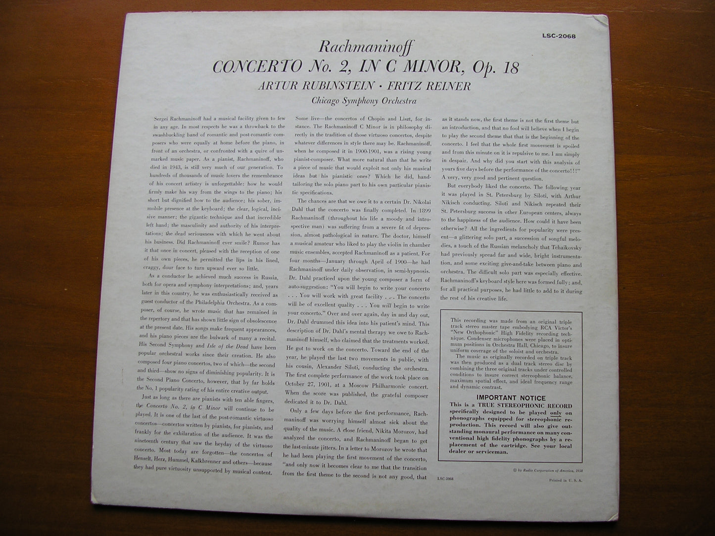 RACHMANINOV: PIANO CONCERTO No. 2 RUBINSTEIN / CHICAGO SYMPHONY / REINER LSC 2068