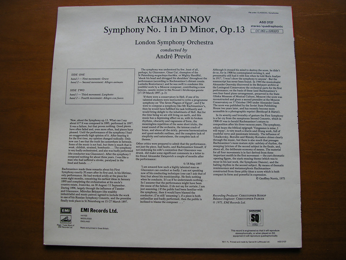 RACHMANINOV: SYMPHONY No. 1 PREVIN / LONDON SYMPHONY ASD 3137