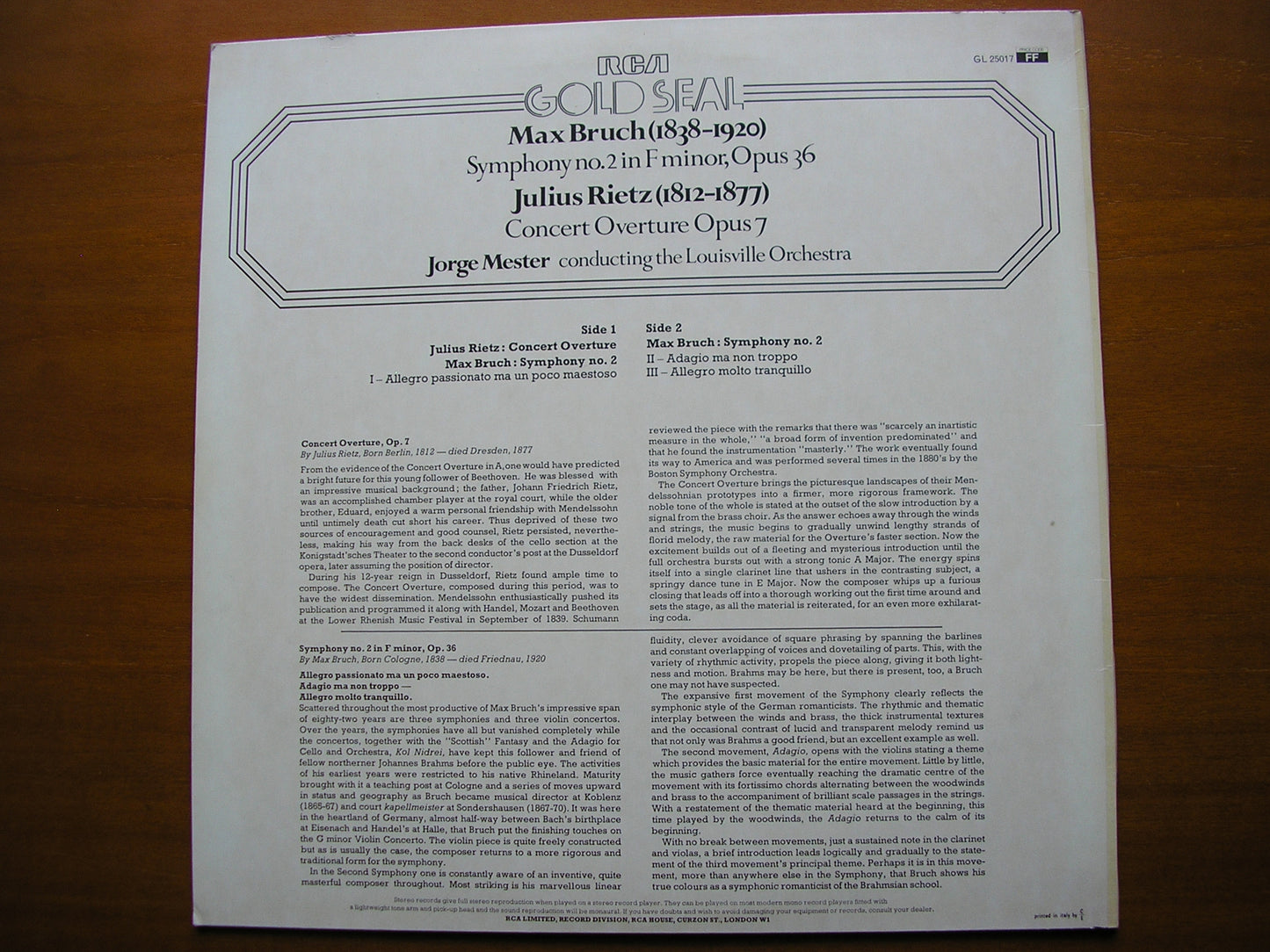 BRUCH: SYMPHONY No. 2 / RIETZ: CONCERT OVERTURE MESTER / LOUISVILLE ORCHESTRA GL 25017