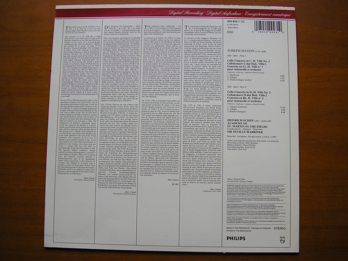HAYDN: CELLO CONCERTOS IN C & D SCHIFF / ASMIF / MARRINER 420 923