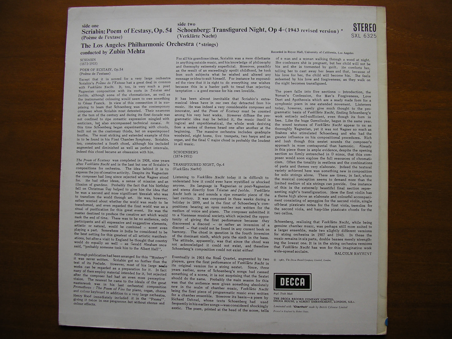 SXL 6325 SCRIABIN: POEM OF ECSTASY / SCHOENBERG: VERKLARTE NACHT ZUBIN MEHTA / LOS ANGELES PHILHARMONIC ED1