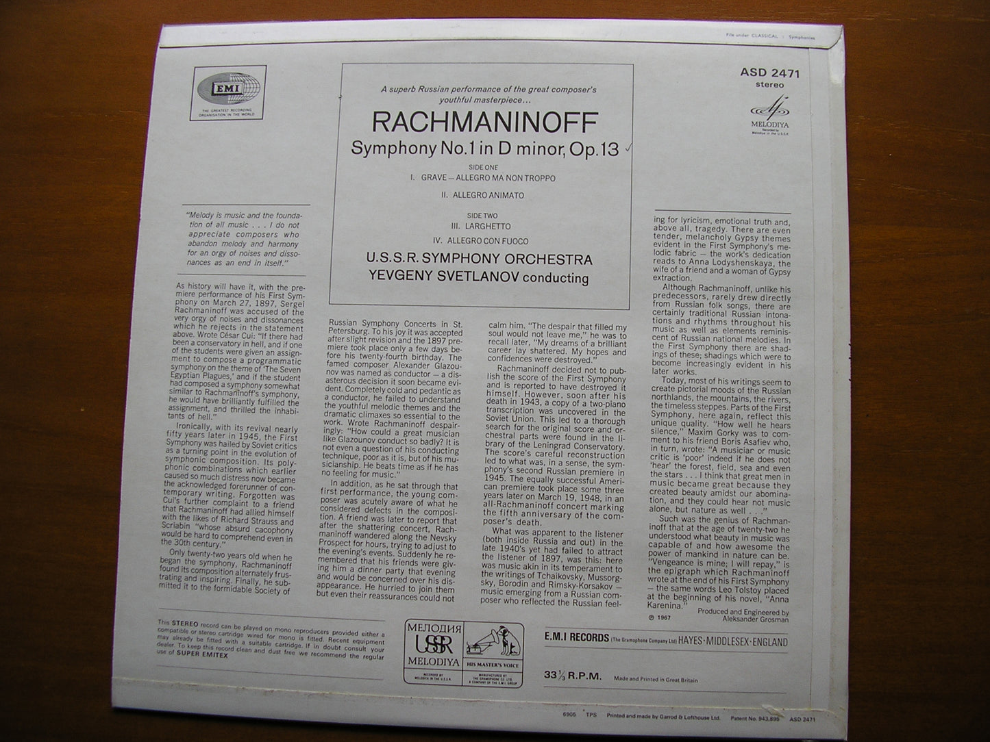 RACHMANINOV: SYMPHONY No. 1 SVETLANOV / USSR SYMPHONY ASD 2471