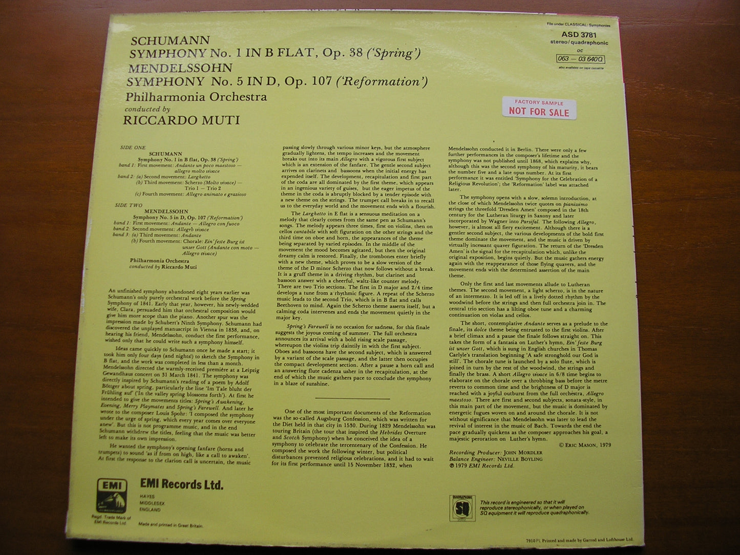 SCHUMANN: SYMPHONY No. 1 / MENDELSSOHN: SYMPHONY No. 5     MUTI / PHILHARMONIA     ASD 3781