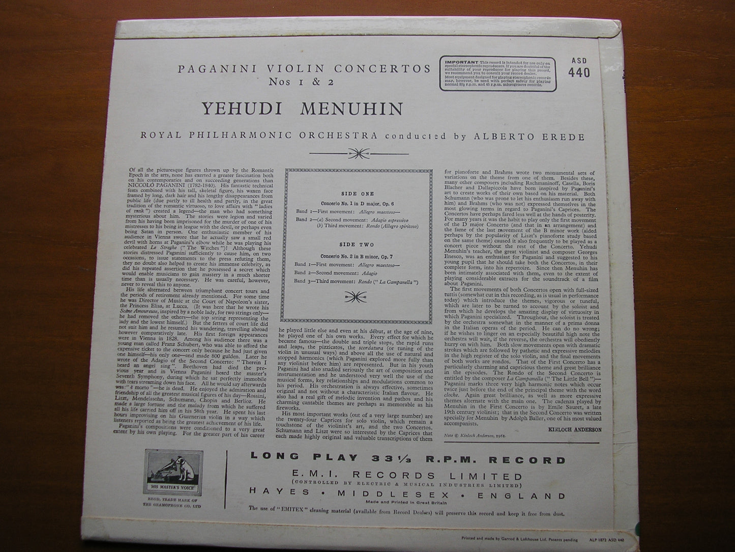 PAGANINI: VIOLIN CONCERTOS Nos. 1 & 2 YEHUDI MENUHIN / ROYAL PHILHARMONIC ORCHESTRA / ALBERTO EREDE ASD 440