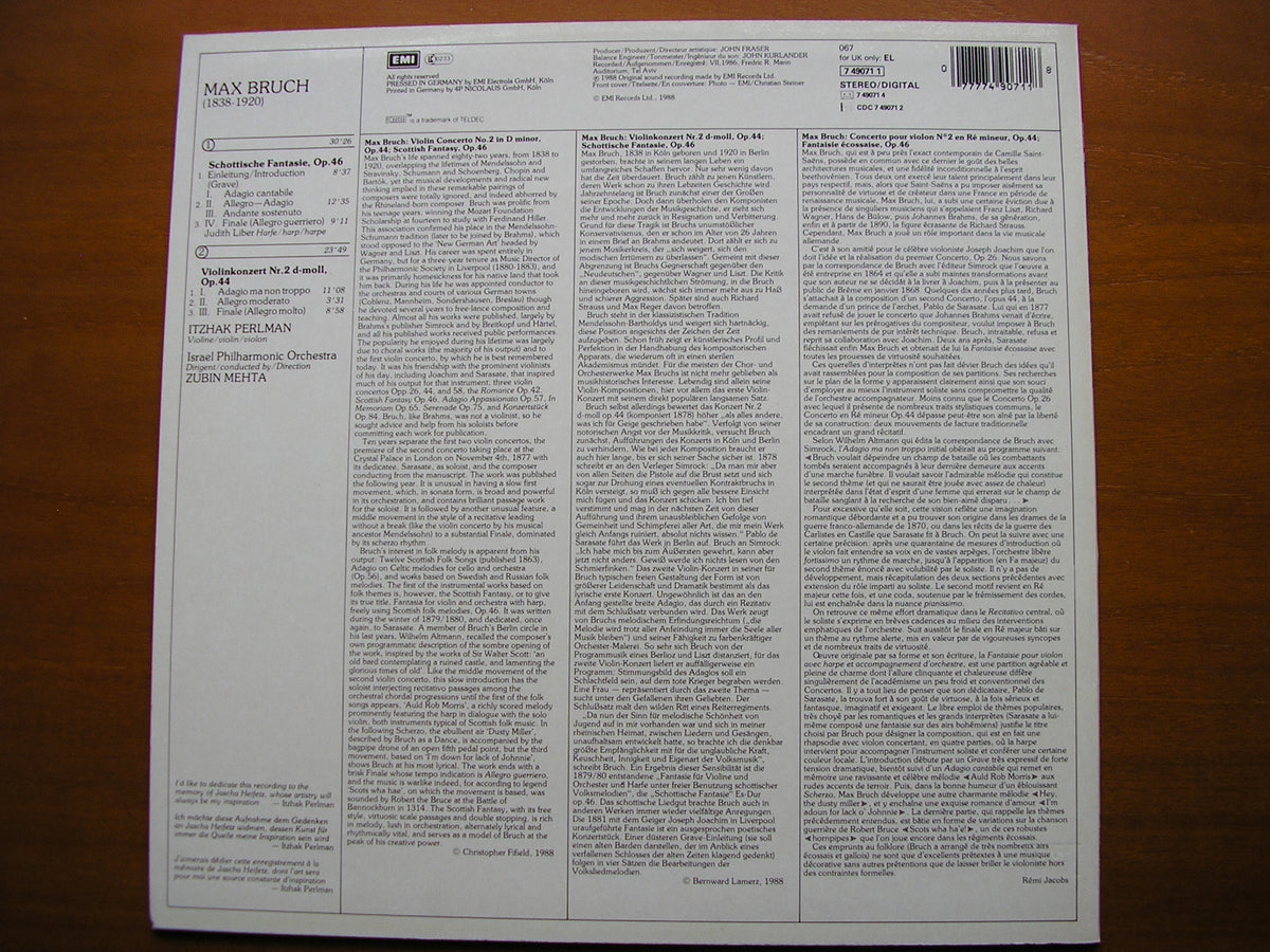 BRUCH: VIOLIN CONCERTO No. 2 / SCOTTISH FANTASY PERLMAN / ISRAEL PHILHARMONIC / MEHTA 7 49071