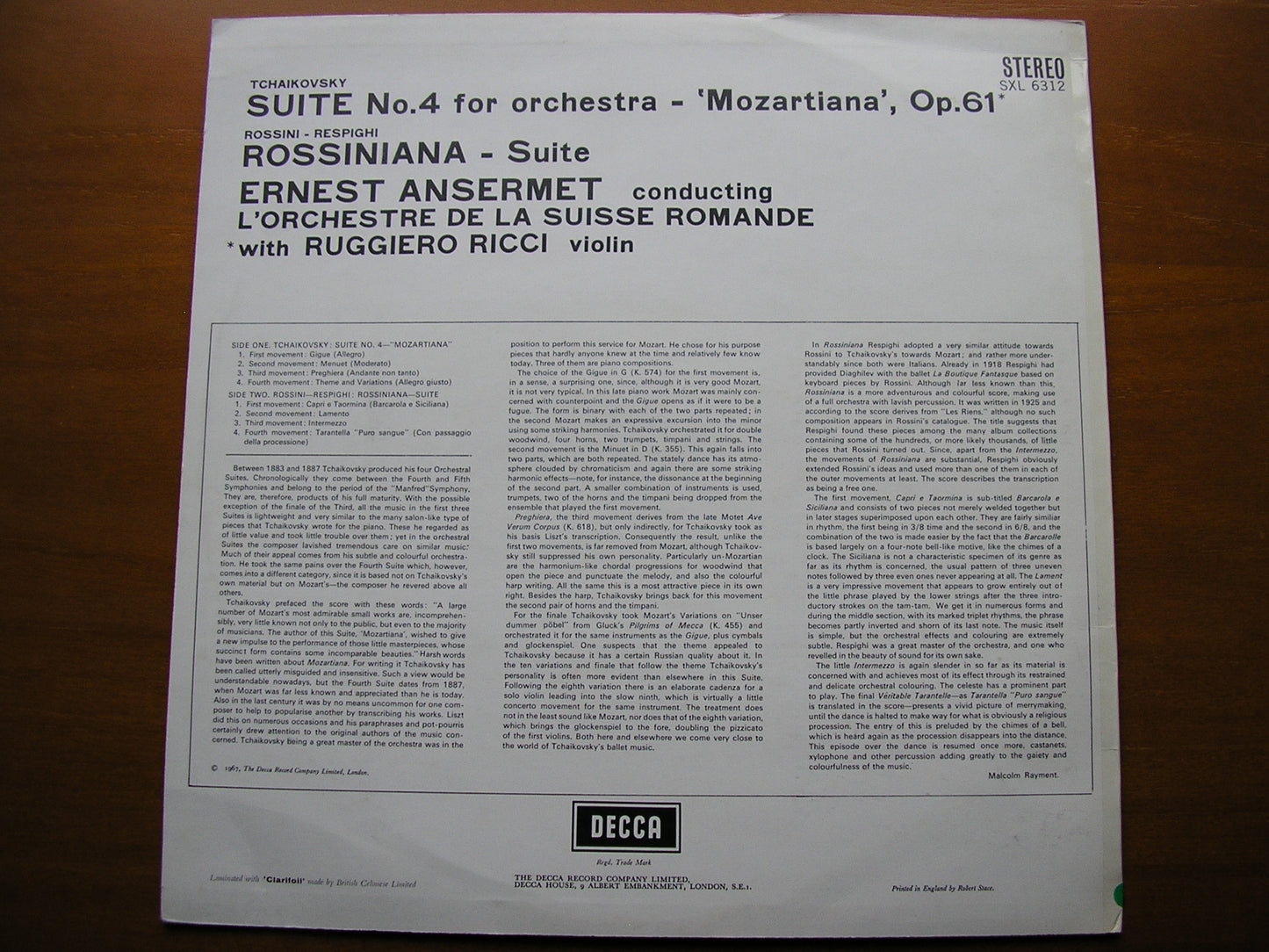 SXL 6312 TCHAIKOVSKY: SUITE No. 4 'Mozartiana' / RESPIGHI: 'Rossiniana' RICCI / SUISSE ROMANDE / ANSERMET ED2