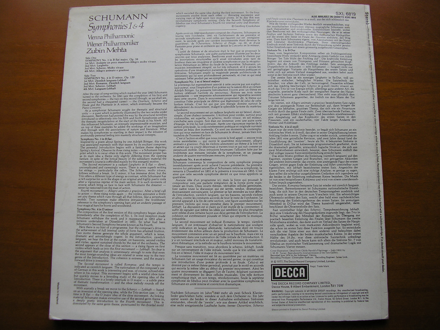 SCHUMANN: SYMPHONIES Nos. 1 & 4    MEHTA / VIENNA PHILHARMONIC    SXL 6819