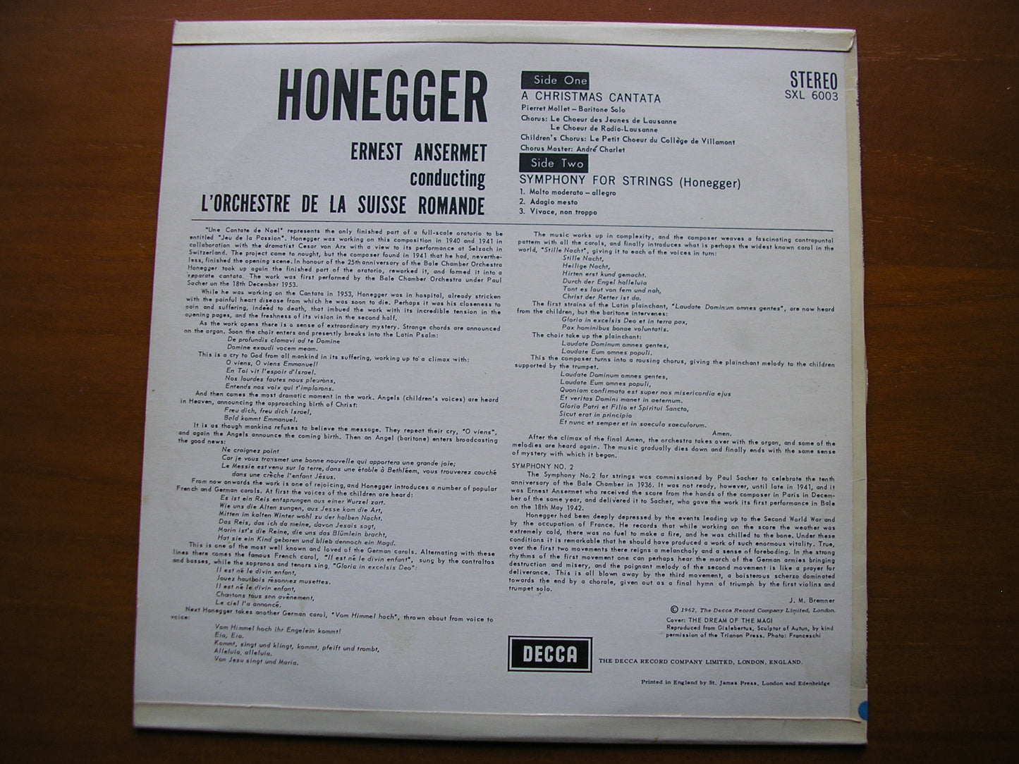 SXL 6003 HONEGGER: A CHRISTMAS CANTATA / SYMPHONY FOR STRINGS ANSERMET / SUISSE ROMANDE ED 1