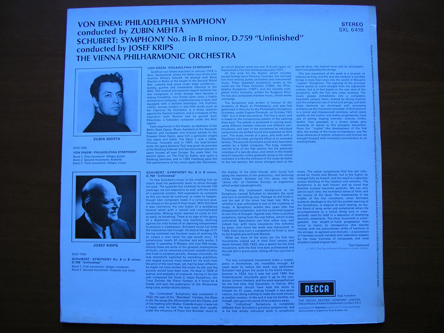 SXL 6418 VON EINEM: PHILADELPHIA SYMPHONY* / SCHUBERT: SYMPHONY No. 8 VIENNA PHILHARMONIC / MEHTA* / KRIPS ED3
