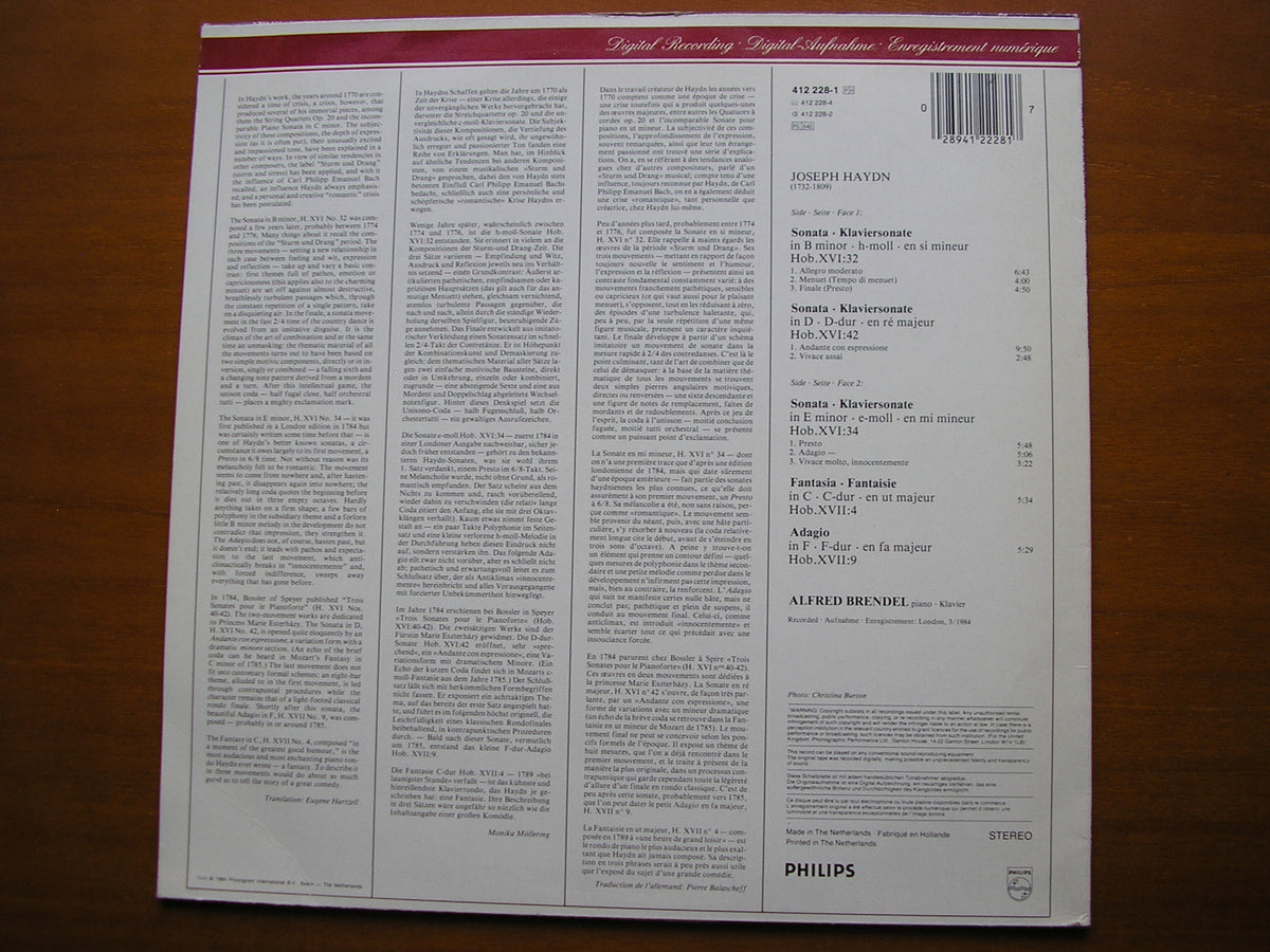 HAYDN: THREE PIANO SONATAS / FANTAISIE / ADAGIO BRENDEL 412 228