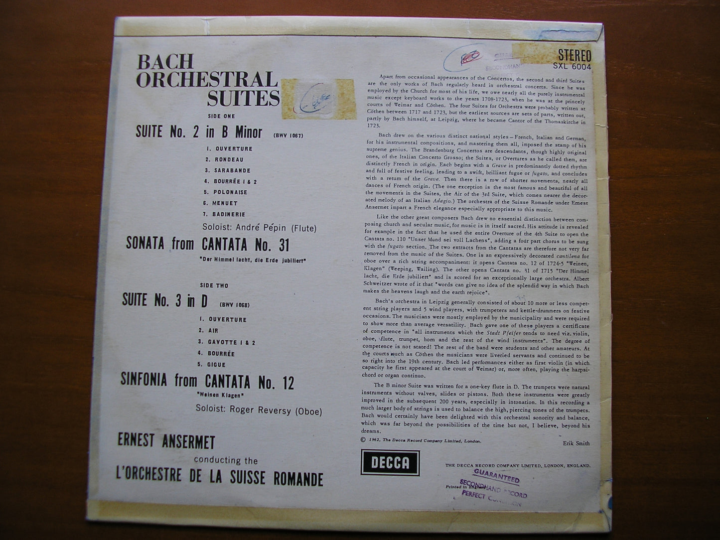 SXL 6004 BACH: SUITES Nos. 2 & 3 / SINFONIA / SONATA ANSERMET / SUISSE ROMANDE ED 1