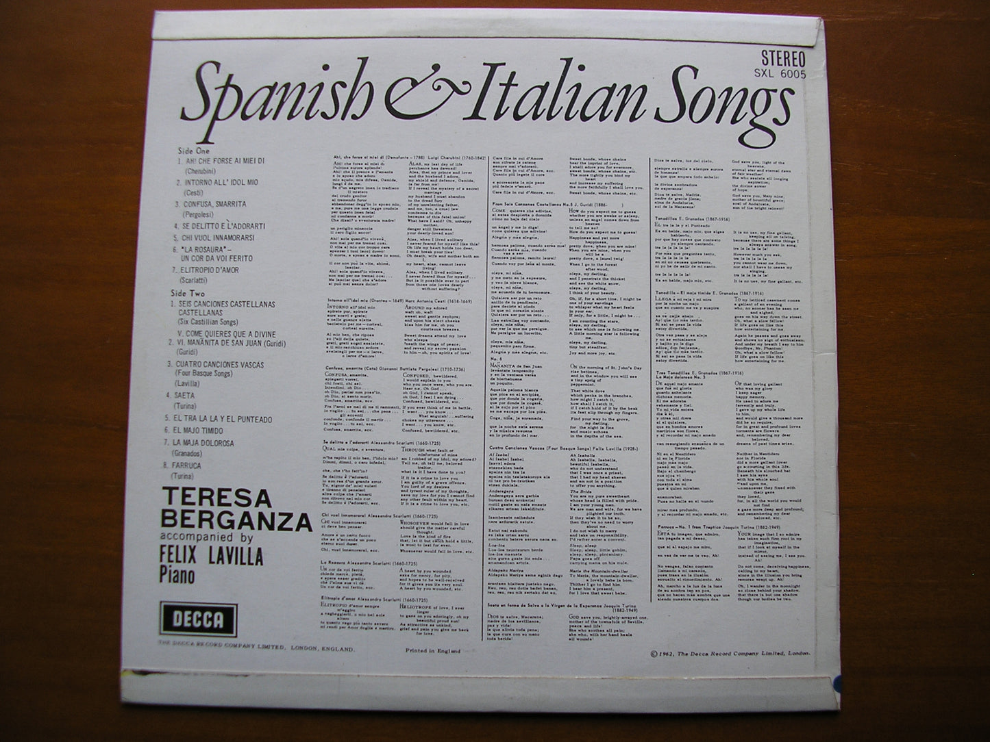 SXL 6005 TERESA BERGANZA SINGS SPANISH & ITALIAN SONGS BERGANZA / LAVILLA ED 1
