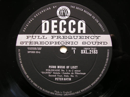 LISZT: PIANO MUSIC PETER KATIN SXL 2183