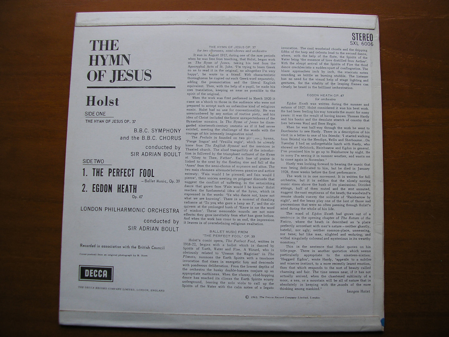 SXL 6006 HOLST: HYMN OF JESUS / EGDON HEATH / THE PERFECT FOOL BOULT / LONDON PHILHARMONIC ED 1