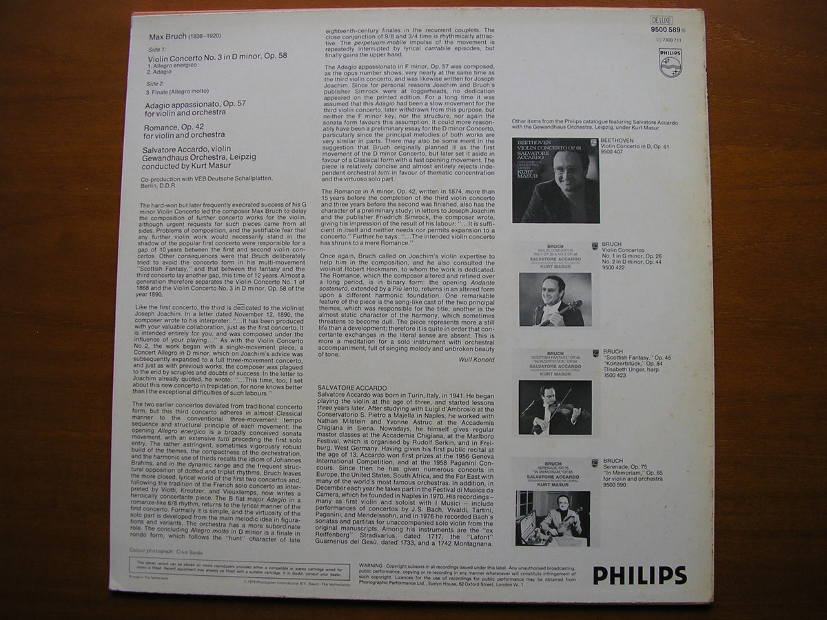 BRUCH: VIOLIN CONCERTO No. 3 / ADAGIO APPASSIONATO / ROMANCE ACCARDO / LEIPZIG GEWANDHAUS / MASUR 9500 589