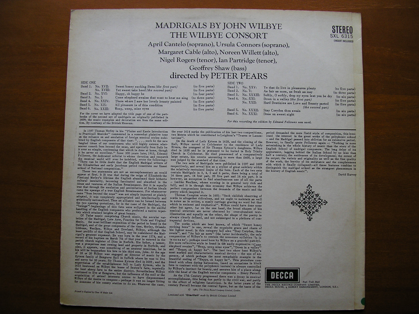 SXL 6315 WILBYE: MADRIGALS (1609) THE WILBYE CONSORT / PEARS ED2