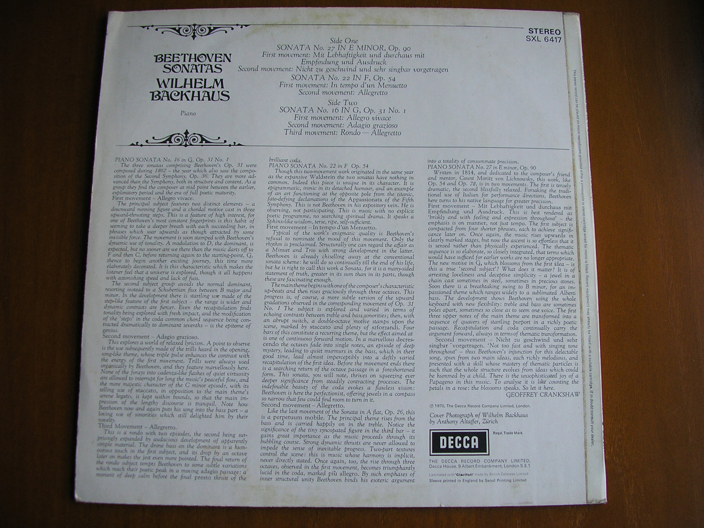 SXL 6417 BEETHOVEN: PIANO SONATAS Nos. 16 / 22 / 27 WILHELM BACKHAUS ED3