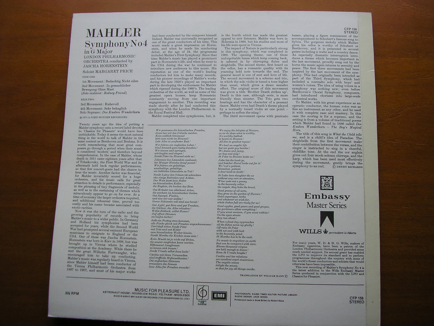 MAHLER: SYMPHONY No. 4 PRICE / LONDON PHILHARMONIC / HORENSTEIN CFP 159