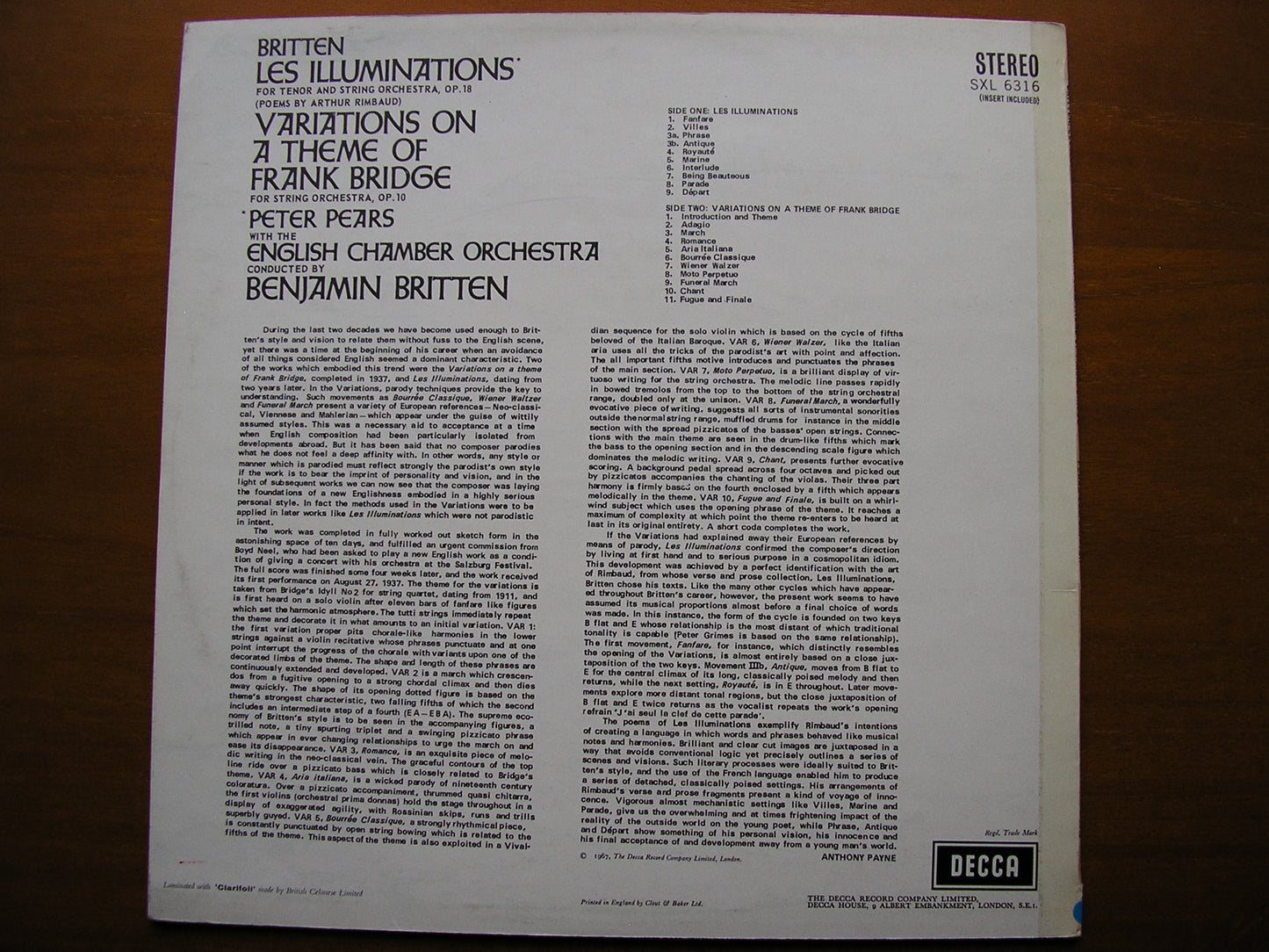 SXL 6316 BRITTEN: LES ILLUMINATIONS / BRIDGE VARIATIONS PEARS / ENGLISH CHAMBER ORCHESTRA / BRITTEN ED1
