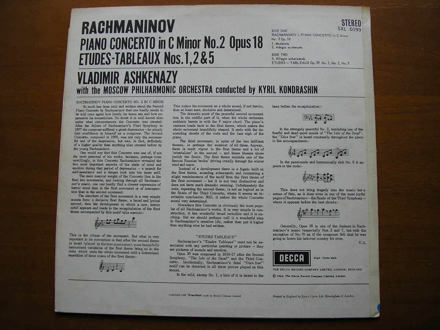 RACHMANINOV: PIANO CONCERTO No. 2 ASHKENAZY / MOSCOW PHILHARMONIC / KONDRASHIN SXL 6099