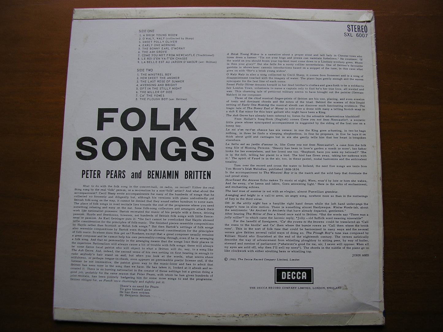 SXL 6007 FOLK SONGS PETER PEARS & BENJAMIN BRITTEN ED 1