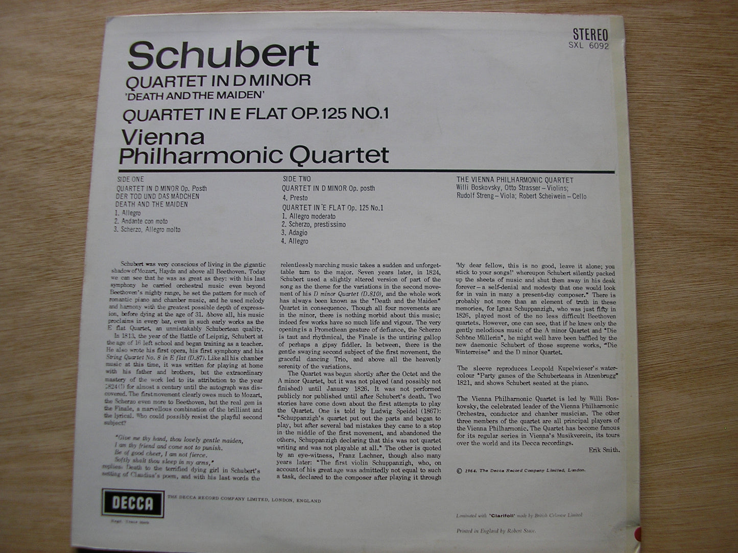 SCHUBERT: QUARTET IN D 'Death & The Maiden' / QUARTET in E VIENNA PHILHARMONIC QUARTET SXL 6092