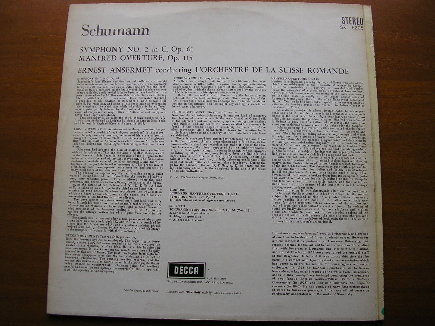 SCHUMANN: SYMPHONY No. 2 / MANFRED OVERTURE      ANSERMET / SUISSE ROMANDE     SXL 6205
