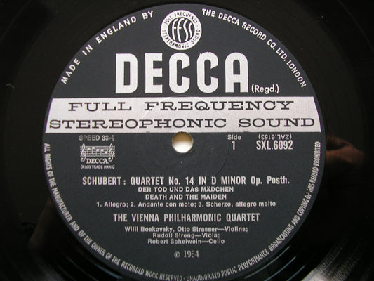 SCHUBERT: QUARTET IN D 'Death & The Maiden' / QUARTET in E VIENNA PHILHARMONIC QUARTET SXL 6092