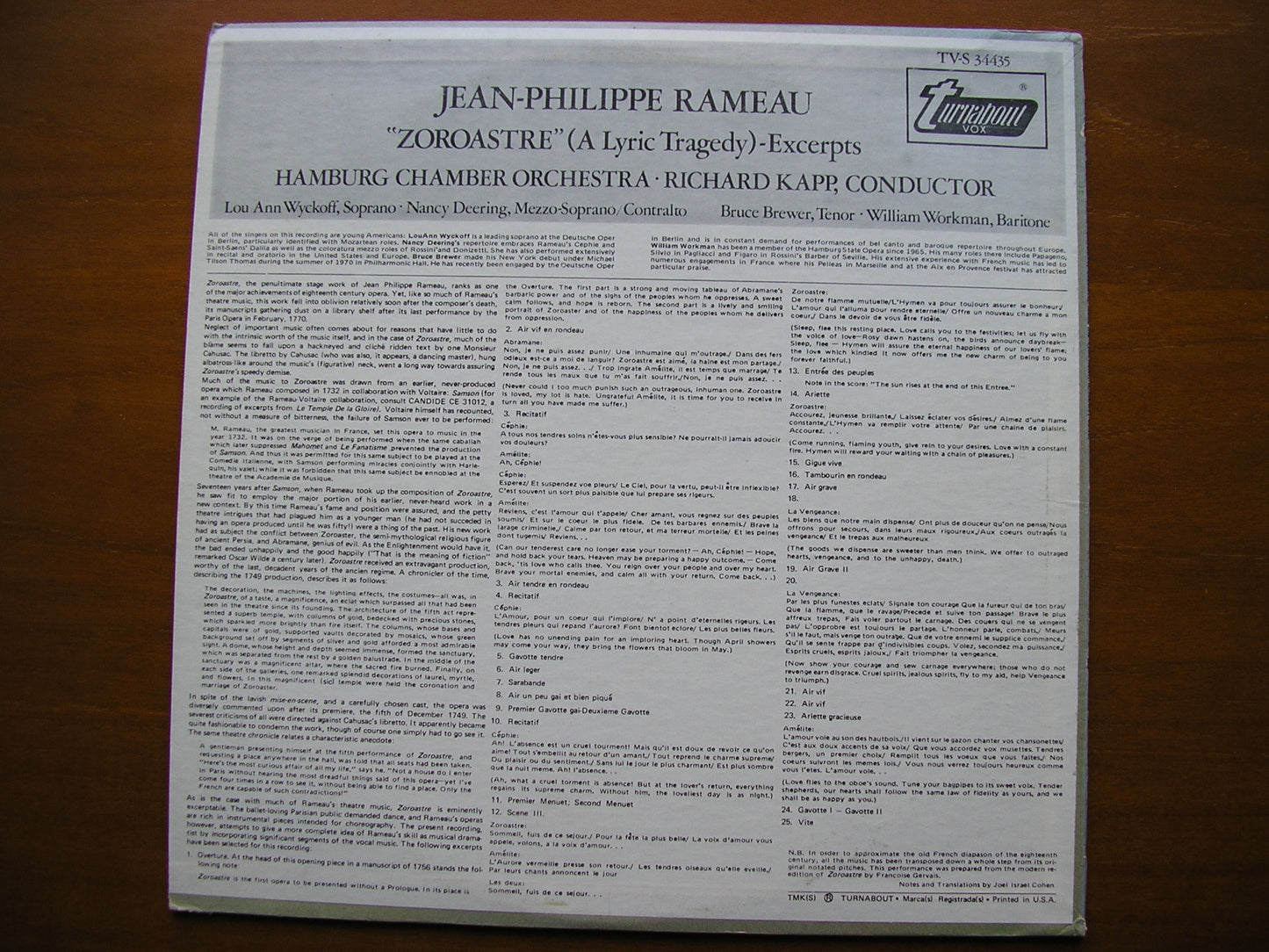 RAMEAU: ZOROASTRE (1749) excerpts SOLOISTS / HAMBURG CHAMBER ORCHESTRA / KAPP TVS 34435