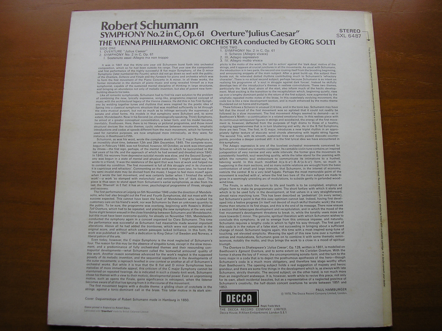 SCHUMANN: SYMPHONY No. 2 / OVERTURE Julius Caesar       SOLTI / VIENNA PHILHARMONIC     SXL 6487