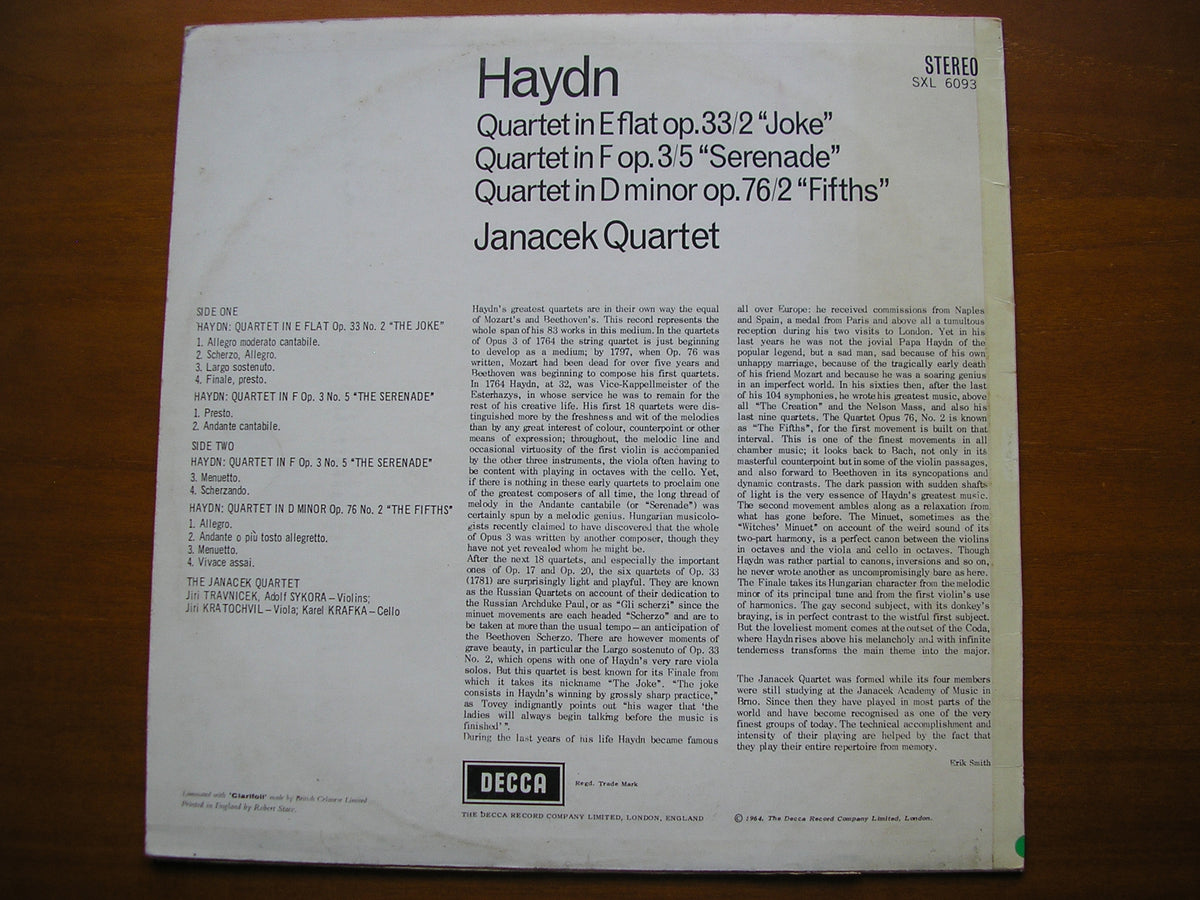 HAYDN: STRING QUARTETS 'Joke' / 'Serenade' / 'Fifths' JANACEK QUARTET SXL 6093