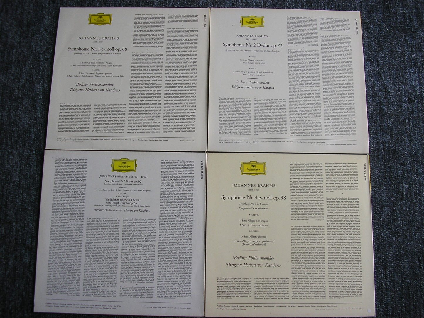 BRAHMS: THE FOUR SYMPHONIES / HAYDN VARIATIONS KARAJAN / BERLIN PHILHARMONIC 4LP 138 924 - 927
