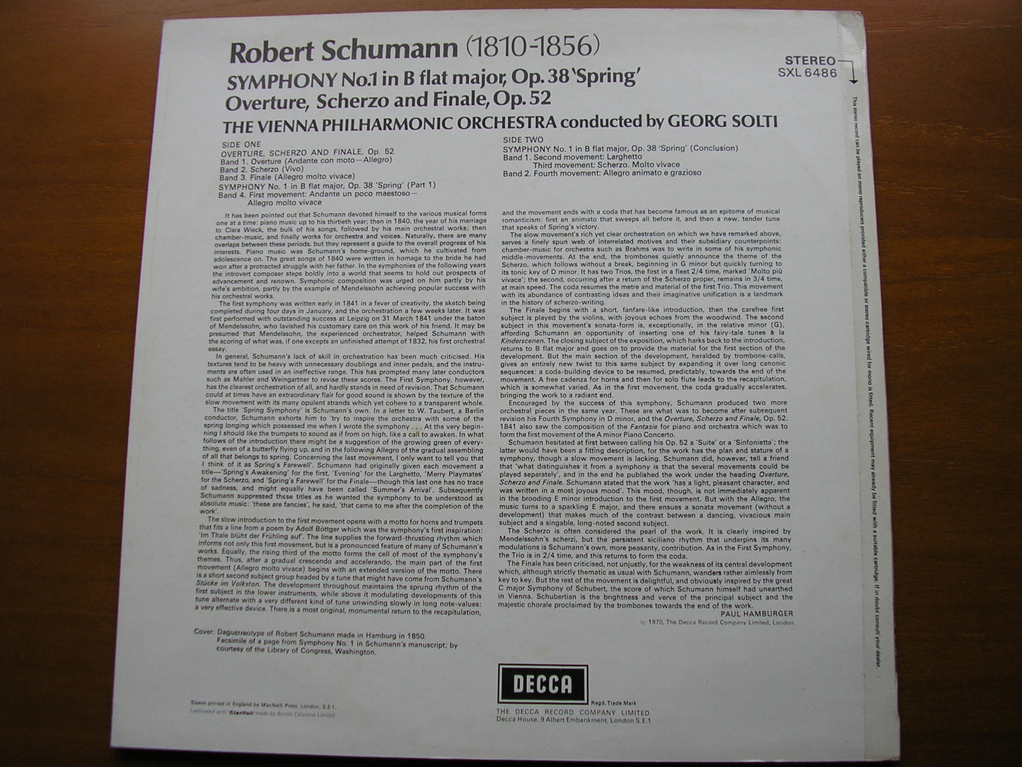 SCHUMANN: SYMPHONY No. 1 / OVERTURE, SCHERZO & FINALE      SOLTI / VIENNA PHILHARMONIC    SXL 6486