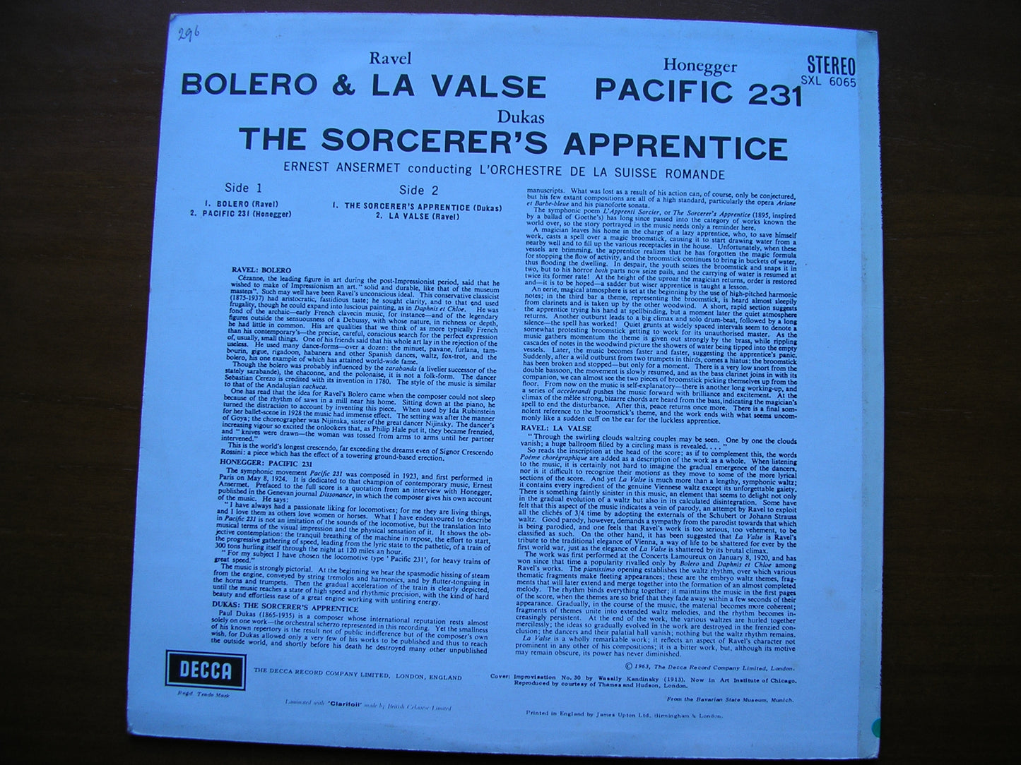 SXL 6065 RAVEL / HONEGGER / DUKAS: ORCHESTRAL WORKS ANSERMET /SUISSE ROMANDE ED2