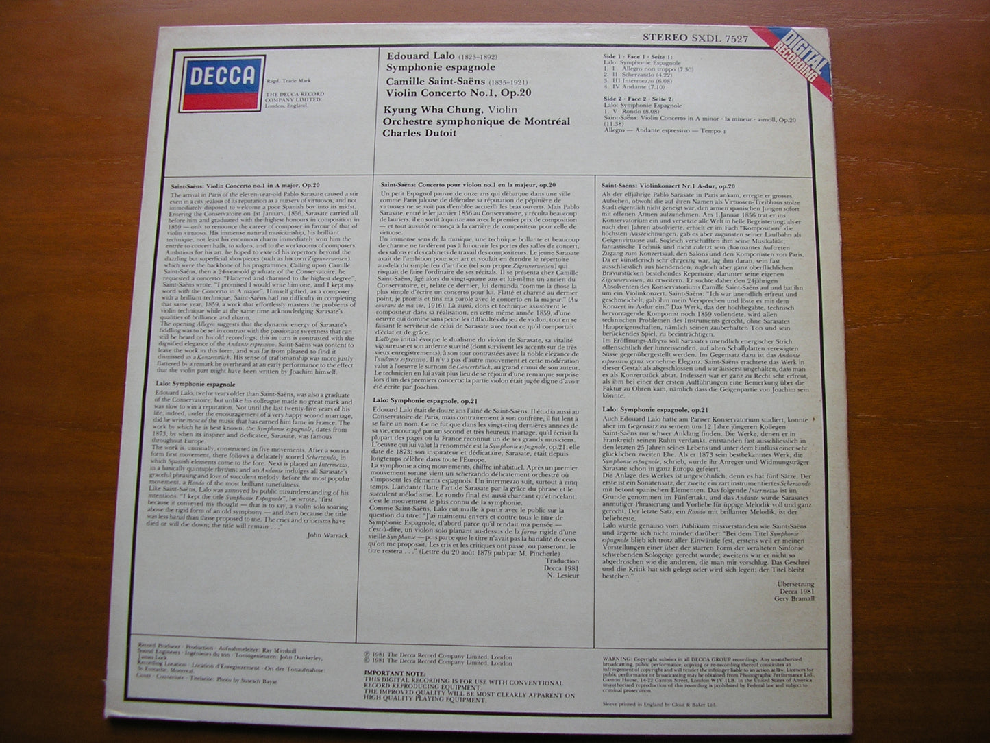 LALO: SYMPHONIE ESPAGNOLE / SAINT-SAENS: VIOLIN CONCERTO No. 1     CHUNG / MONTREAL SYMPHONY / DUTOIT    SXDL 7527