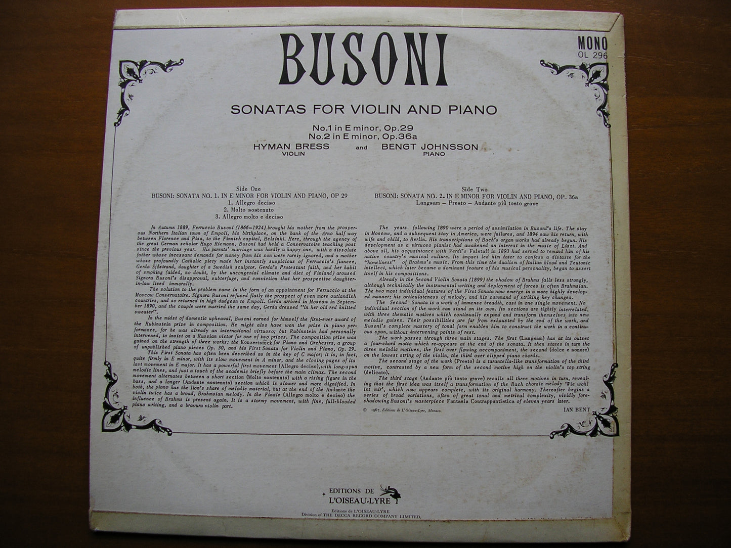 BUSONI: TWO SONATAS FOR VIOLIN & PIANO HYMAN BRESS / BENGT JOHNSSON OL 296