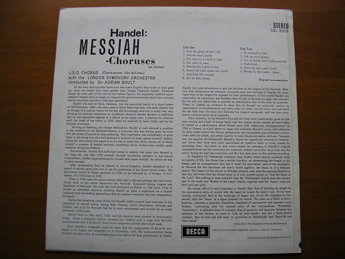 SXL 6009 HANDEL: MESSIAH Choruses LONDON SYMPHONY CHOIR & ORCHESTRA SIR ADRIAN BOULT ED 1