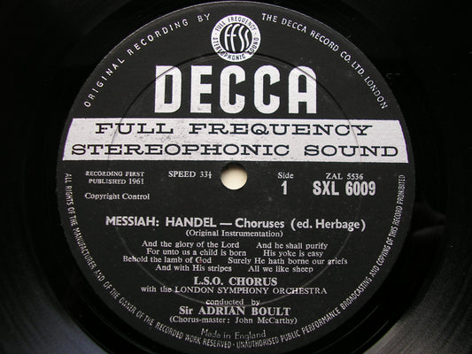 SXL 6009 HANDEL: MESSIAH Choruses LONDON SYMPHONY CHOIR & ORCHESTRA SIR ADRIAN BOULT ED 1