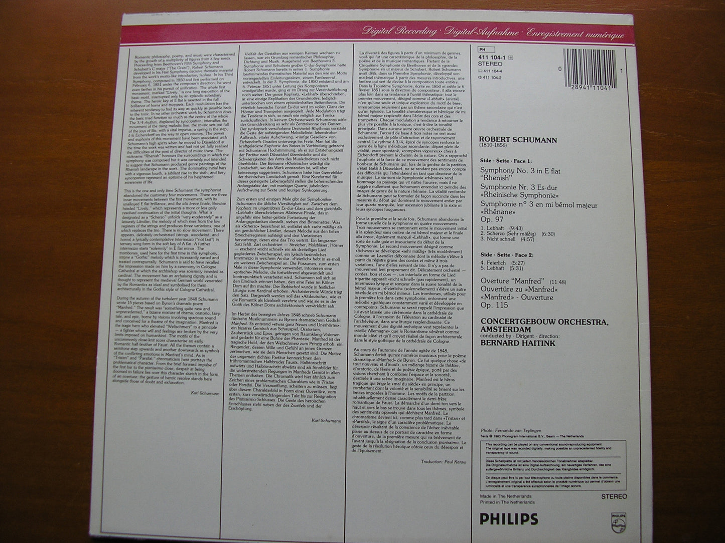 SCHUMANN: SYMPHONY No. 3 / MANFRED OVERTURE HAITINK / CONCERTGEBOUW ORCHESTRA 411 104