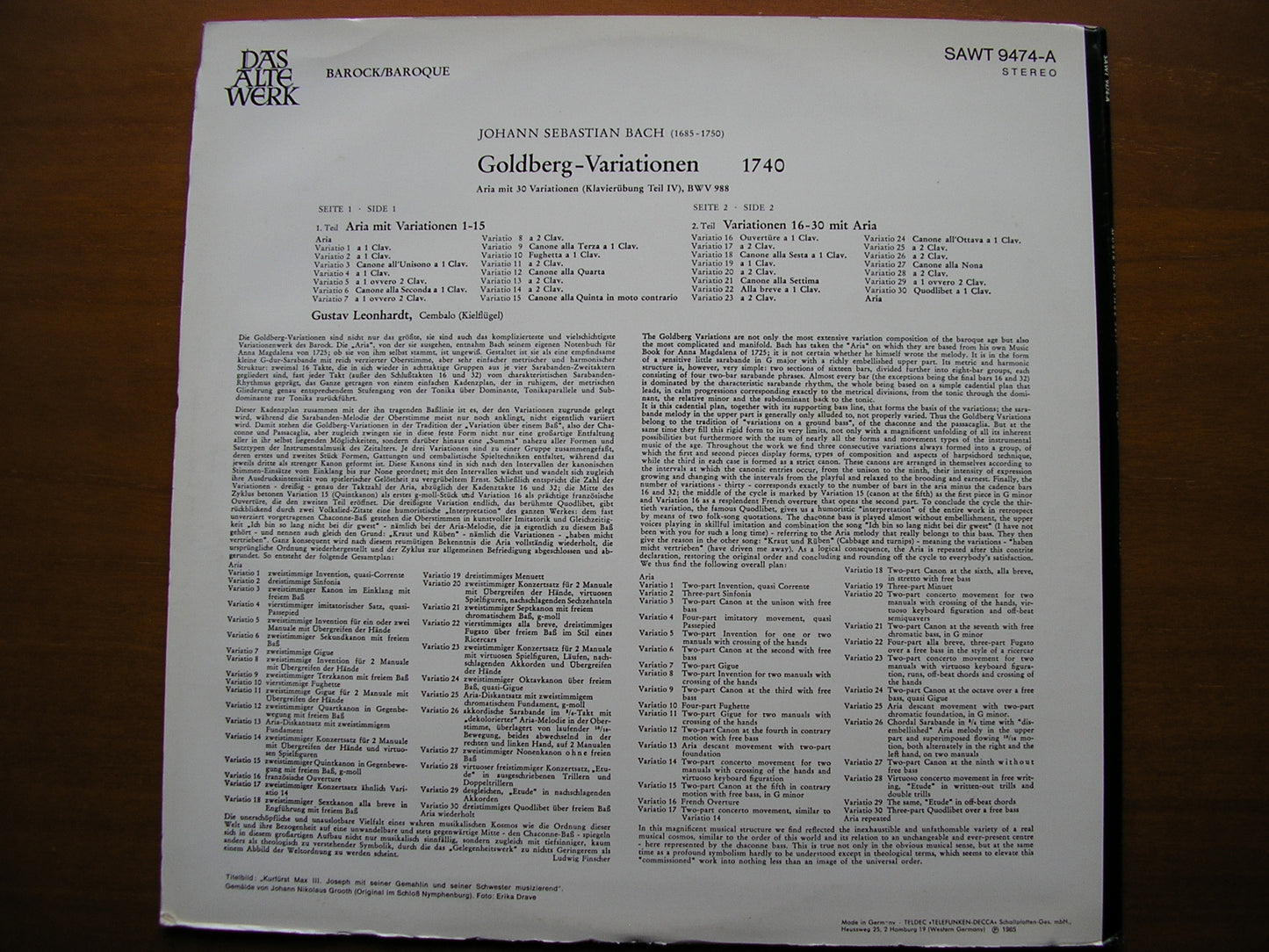 BACH: GOLDBERG VARIATIONS (1740) GUSTAV LEONHARDT SAWT 9474