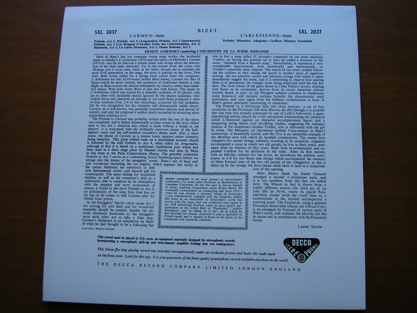 BIZET: CARMEN & L'ARLESIENNE Suites ANSERMET / SUISSE ROMANDE SXL 2037