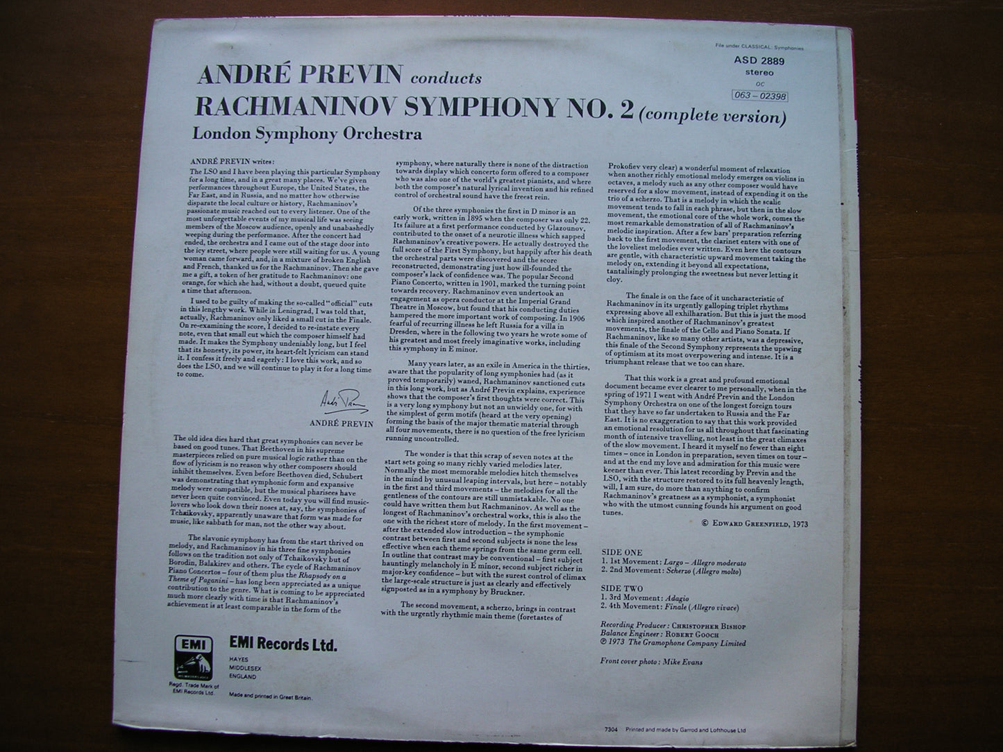 RACHMANINOV: SYMPHONY No. 2 ANDRE PREVIN / LONDON SYMPHONY ORCHESTRA ASD 2889