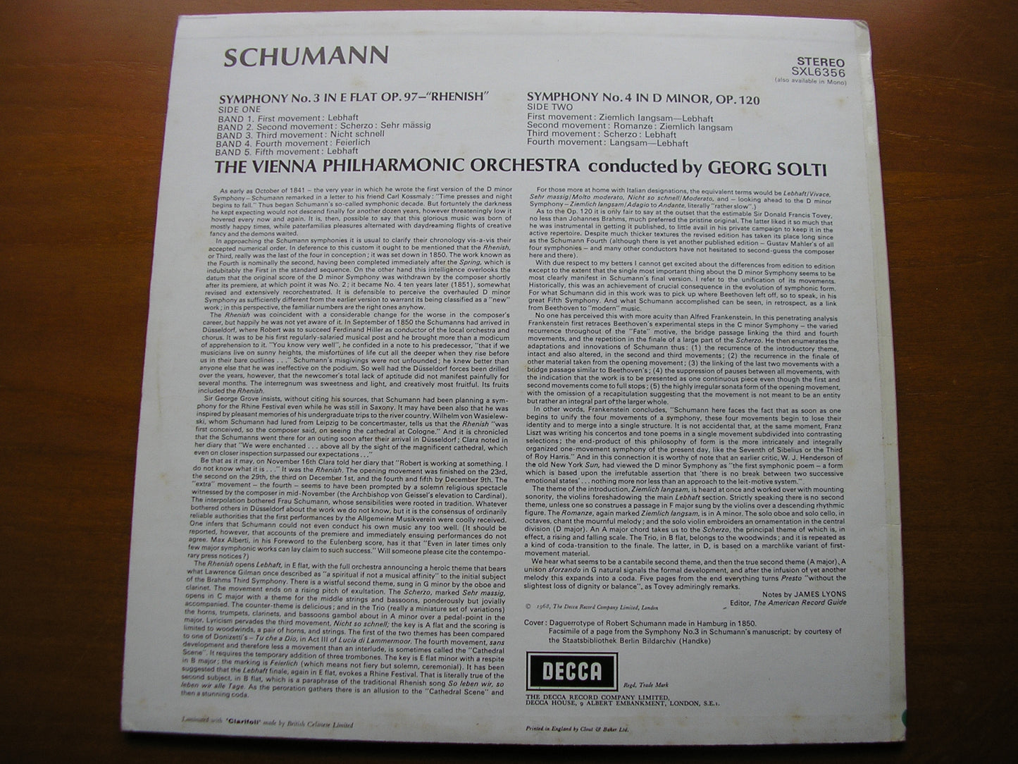 SCHUMANN: SYMPHONIES Nos. 3 & 4       SOLTI / VIENNA PHILHARMONIC     SXL 6356