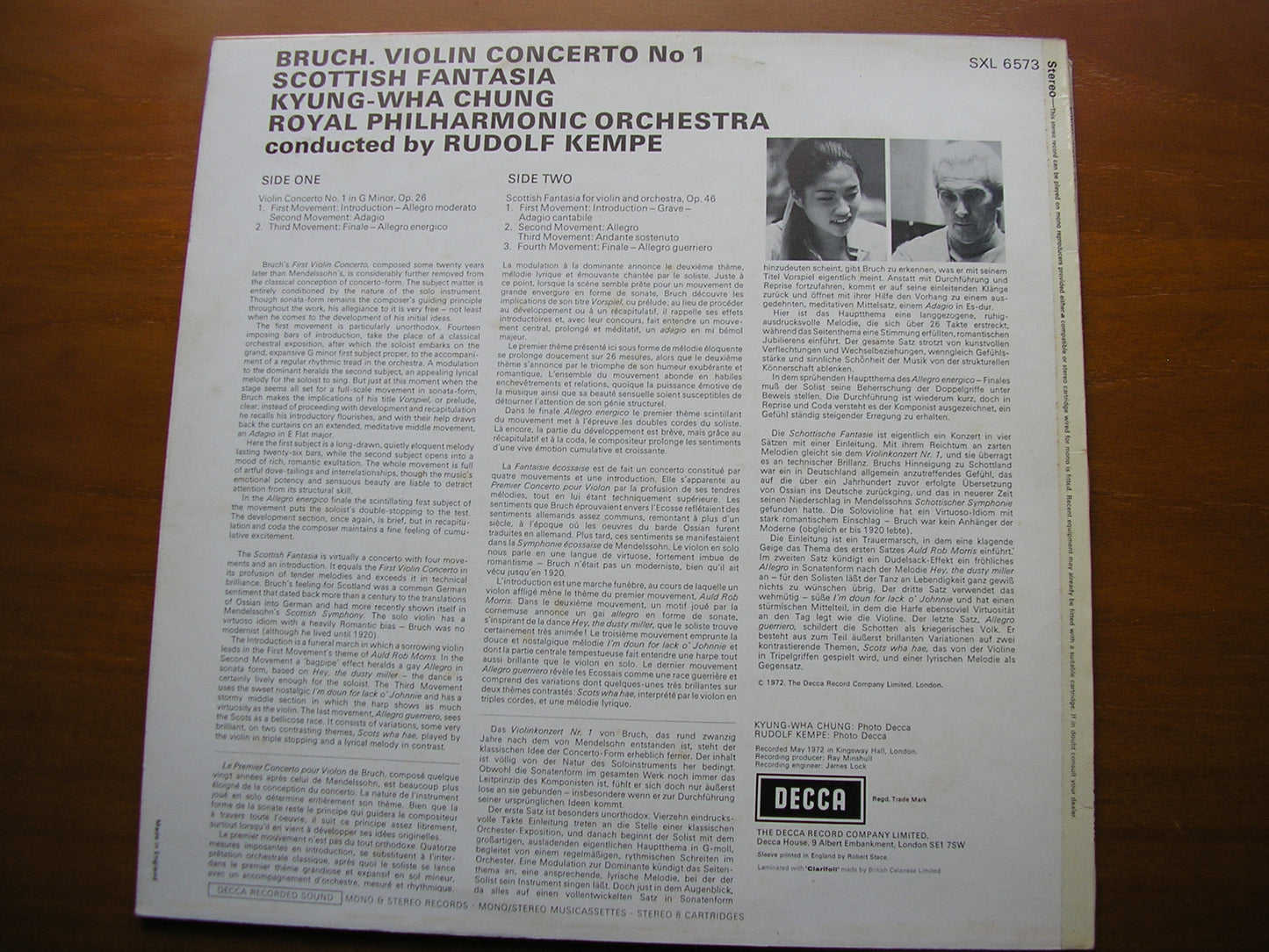 BRUCH: VIOLIN CONCERTO / SCOTTISH FANTASIA     CHUNG / ROYAL PHILHARMONIC / KEMPE     SXL 6573