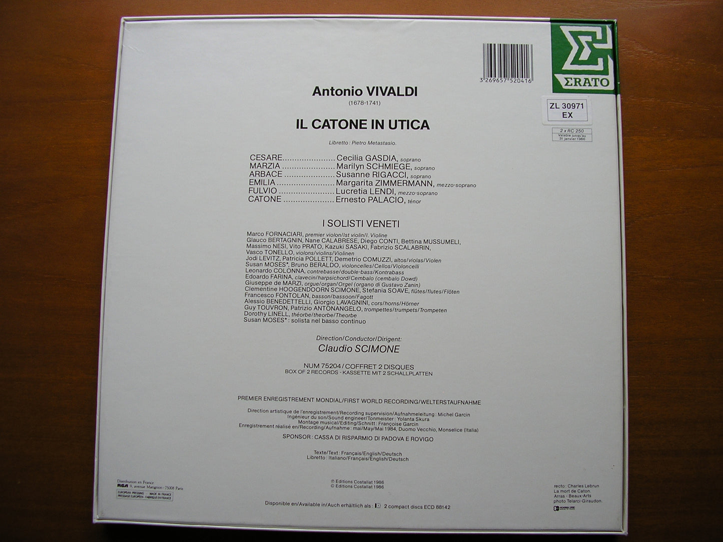 VIVALDI: IL CATONE IN UTICA (1735) SOLOISTS / I SOLOISTI VENETI / SCIMONE 2LP NUM 75204