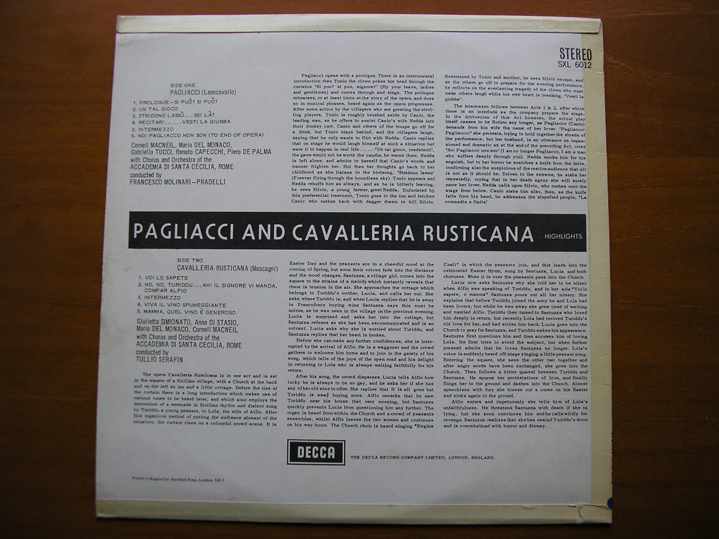 SXL 6012 LEONCAVALLO: PAGLIACCI / MASCAGNI: CAVALLERIA RUSTICANA DEL MONACO / SERAFIN ED1