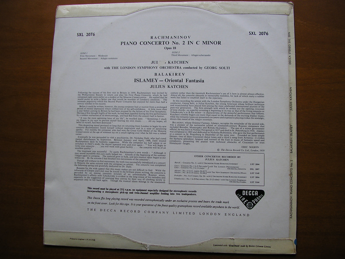RACHMANINOV: PIANO CONCERTO No. 2 KATCHEN / LONDON SYMPHONY / SOLTI SXL 2076