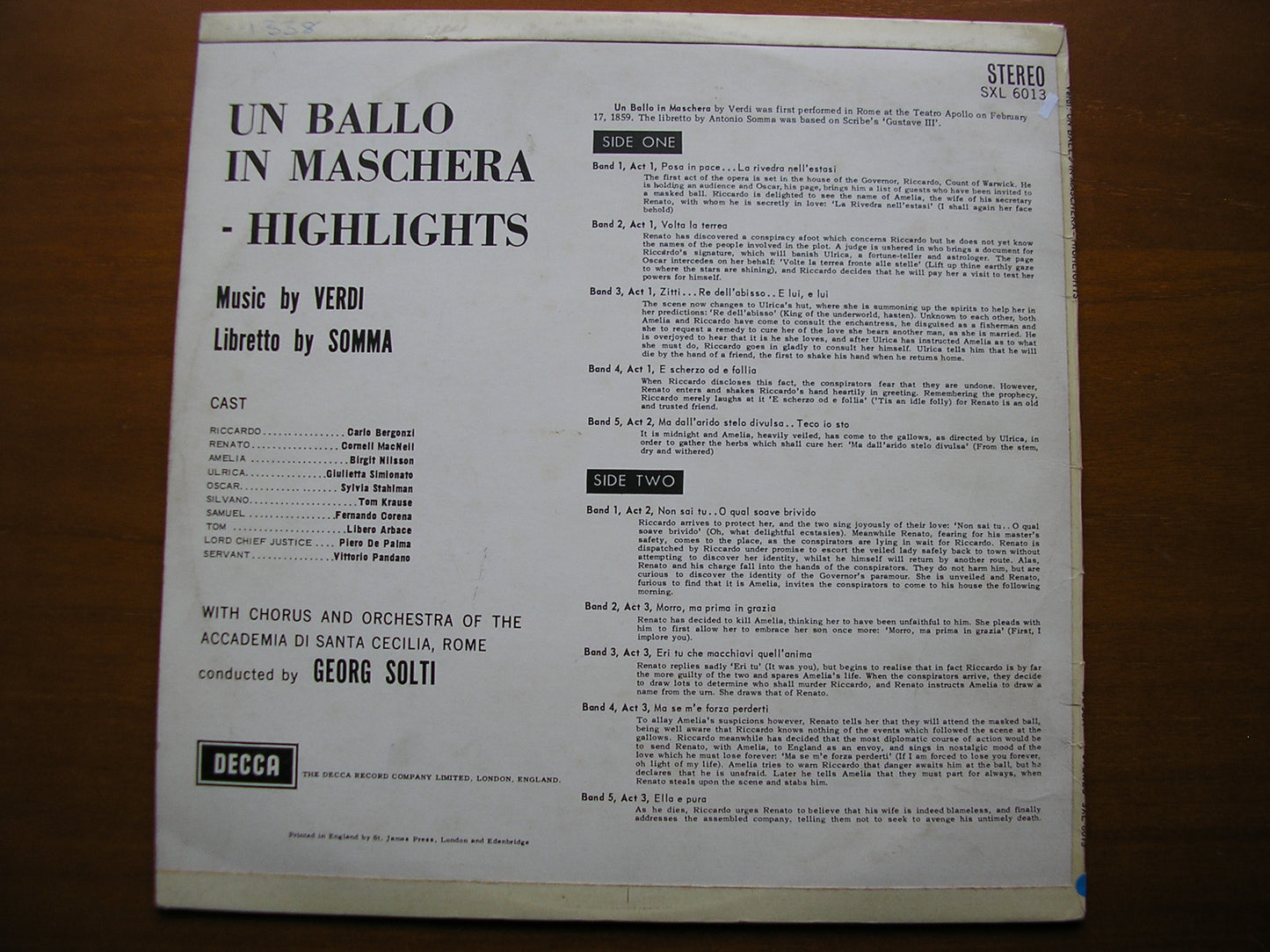SXL 6013 VERDI: UN BALLO IN MASCHERA BERGONZI / NILSSON / MACNEIL / SANTA CECILIA / SOLTI ED1
