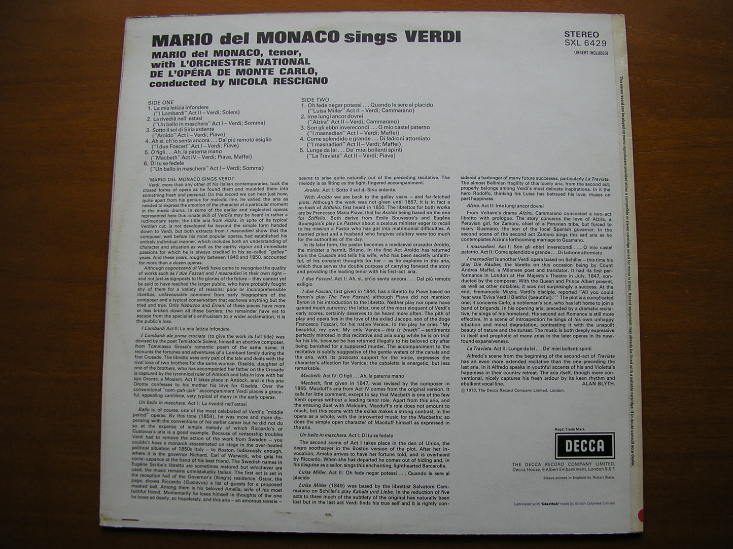 SXL 6429 MARIO DEL MONACO SINGS VERDI ARIAS MONTE CARLO OPERA ORCHESTRA / RESCIGNO ED3